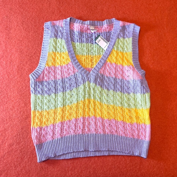 Boho pastel colourful cable knit cotton V-neck vest made in Italy NWT - Picture 2 of 7